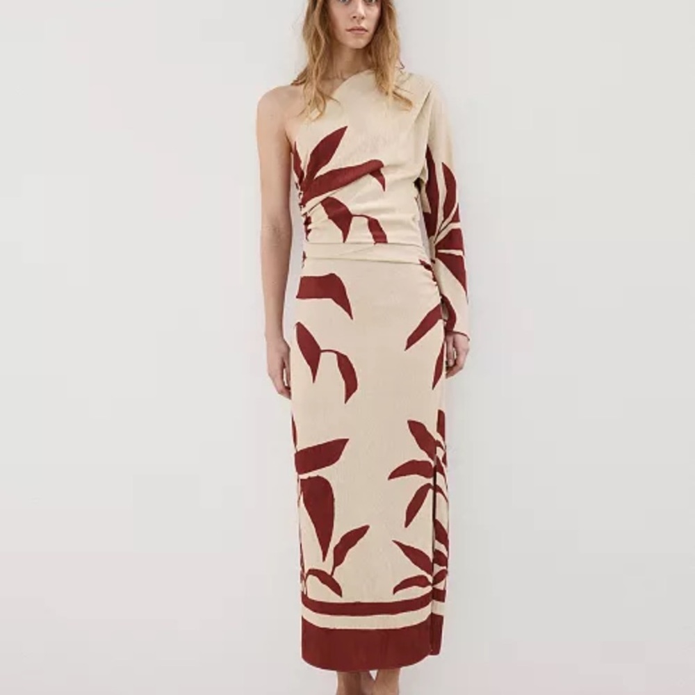 Mango One-Shoulder Beige Maxi Dress with Burgundy Botanical Print; NEW WITH TAG